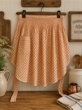 Gingham Smocked Apron Skirt in Peach